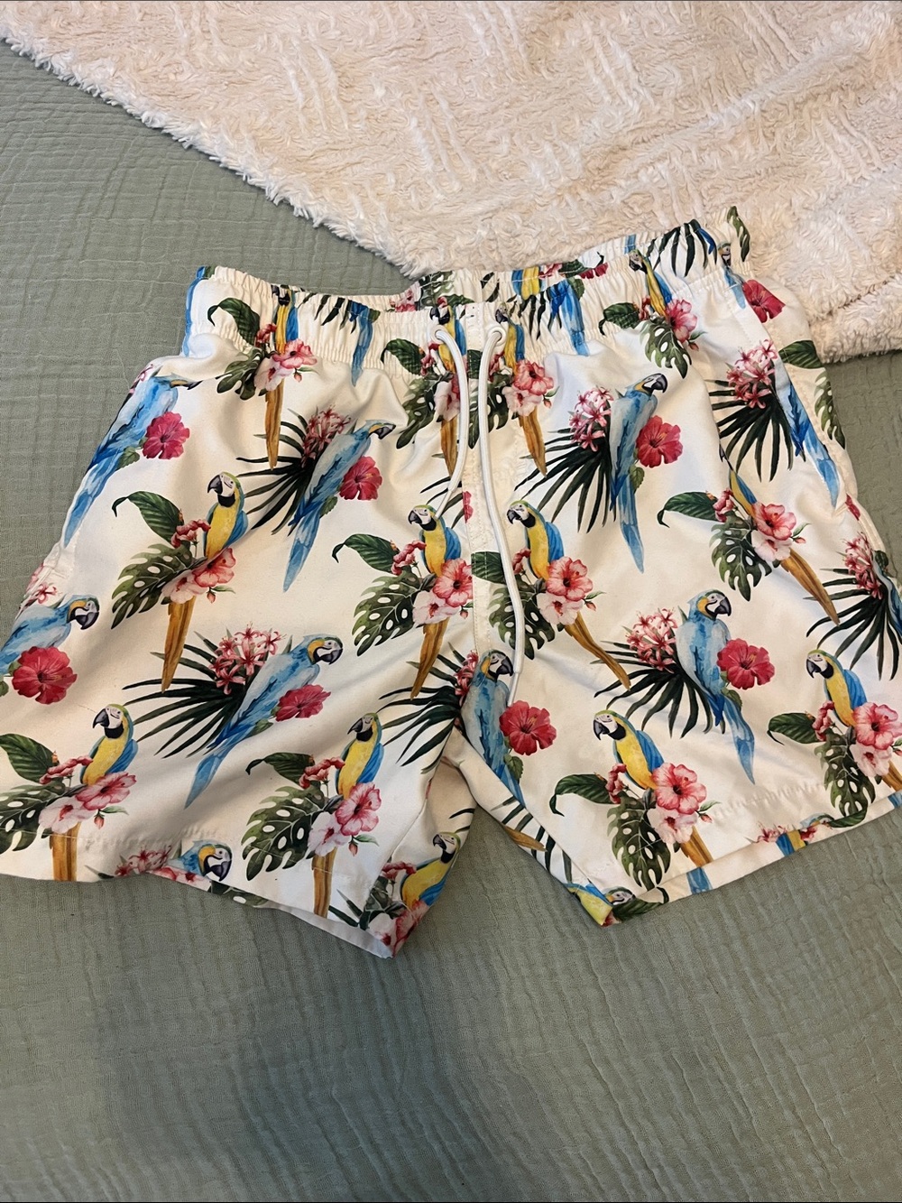 Ring of Fire White Tropical Parrot Floral Swim Shorts